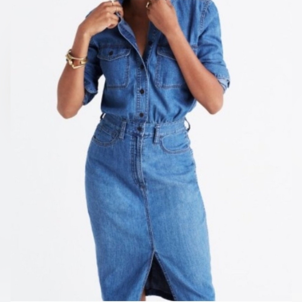 Madewell Long Sleeve Collard Denim Jean Button Up Zipper Midi Shirtdress Size 12